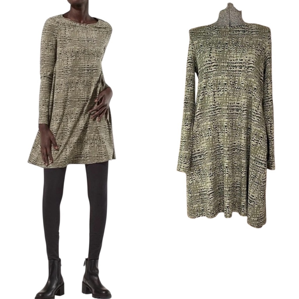 Pact Green and Black Pattern Long Sleeve Swing Dress with Pockets Organic Cotton